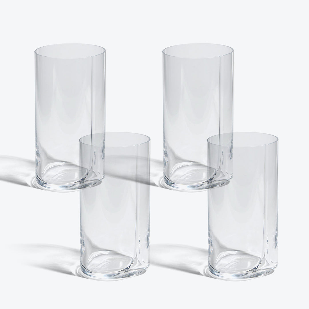 Hew Highball Glass, Set of 4 — four clear highball glasses arranged in two rows