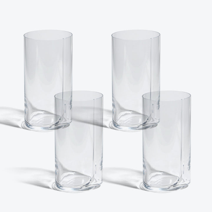 Hew Highball Glass, Set of 4 — four clear highball glasses arranged in two rows