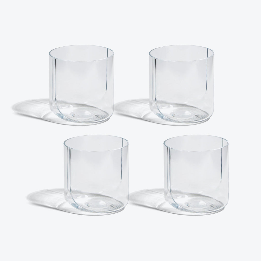 Hew Tumbler, Set of 4 — four Clear glass tumblers arranged in two rows on white