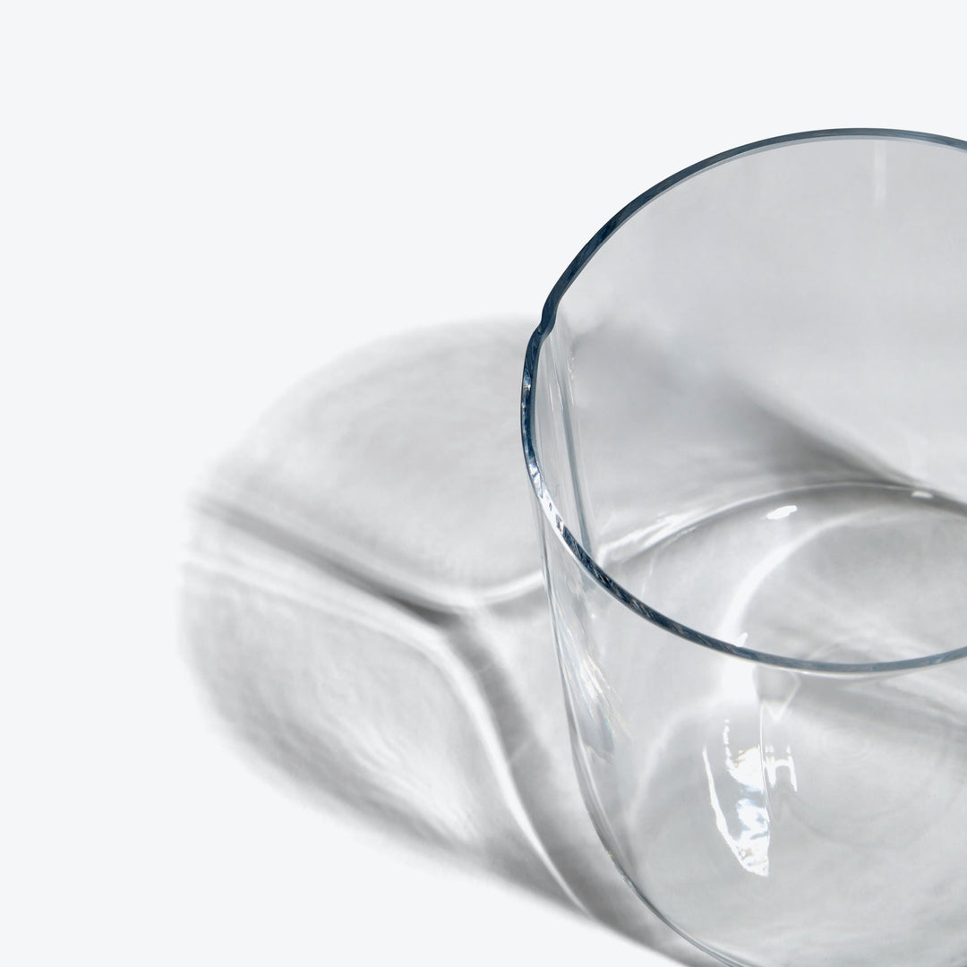 Hew Tumbler, Set of 4 — Clear tumbler, close-up of the thin rim and folded side seam