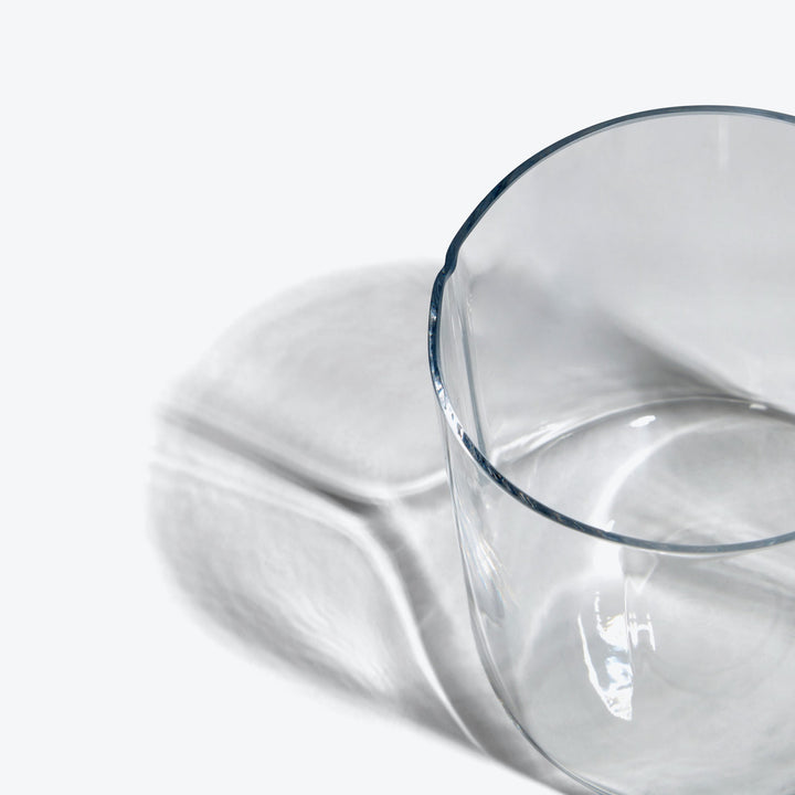 Hew Tumbler, Set of 4 — Clear tumbler, close-up of the thin rim and folded side seam
