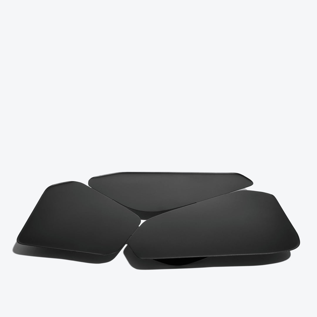 Hew Serving Tray — Black three-part tray, top-down three-quarter view on white