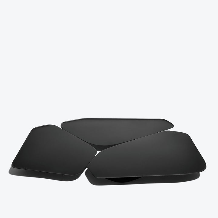 Hew Serving Tray — Black three-part tray, top-down three-quarter view on white