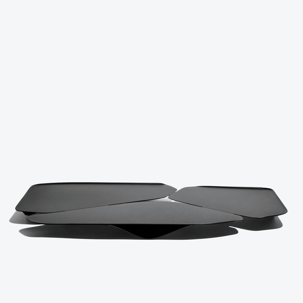 Hew Serving Tray — Black tray, low side view showing the folded steel petals