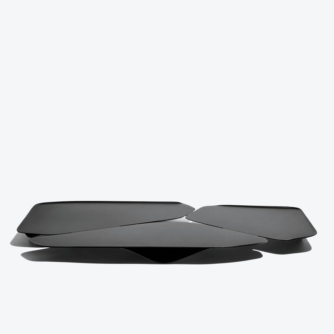 Hew Serving Tray — Black tray, low side view showing the folded steel petals