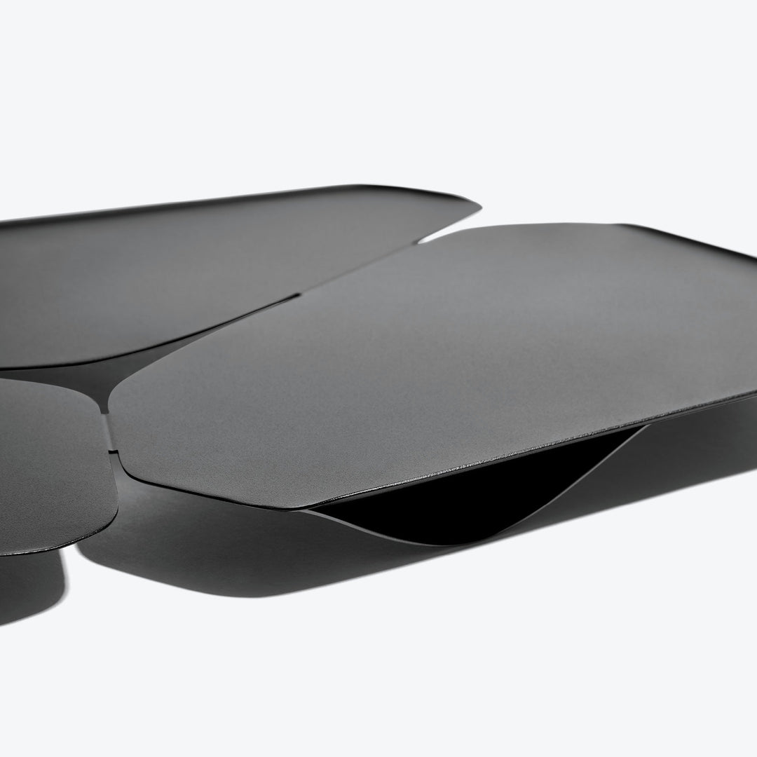 Hew Serving Tray — Black tray, close-up of the folded seam and matte finish