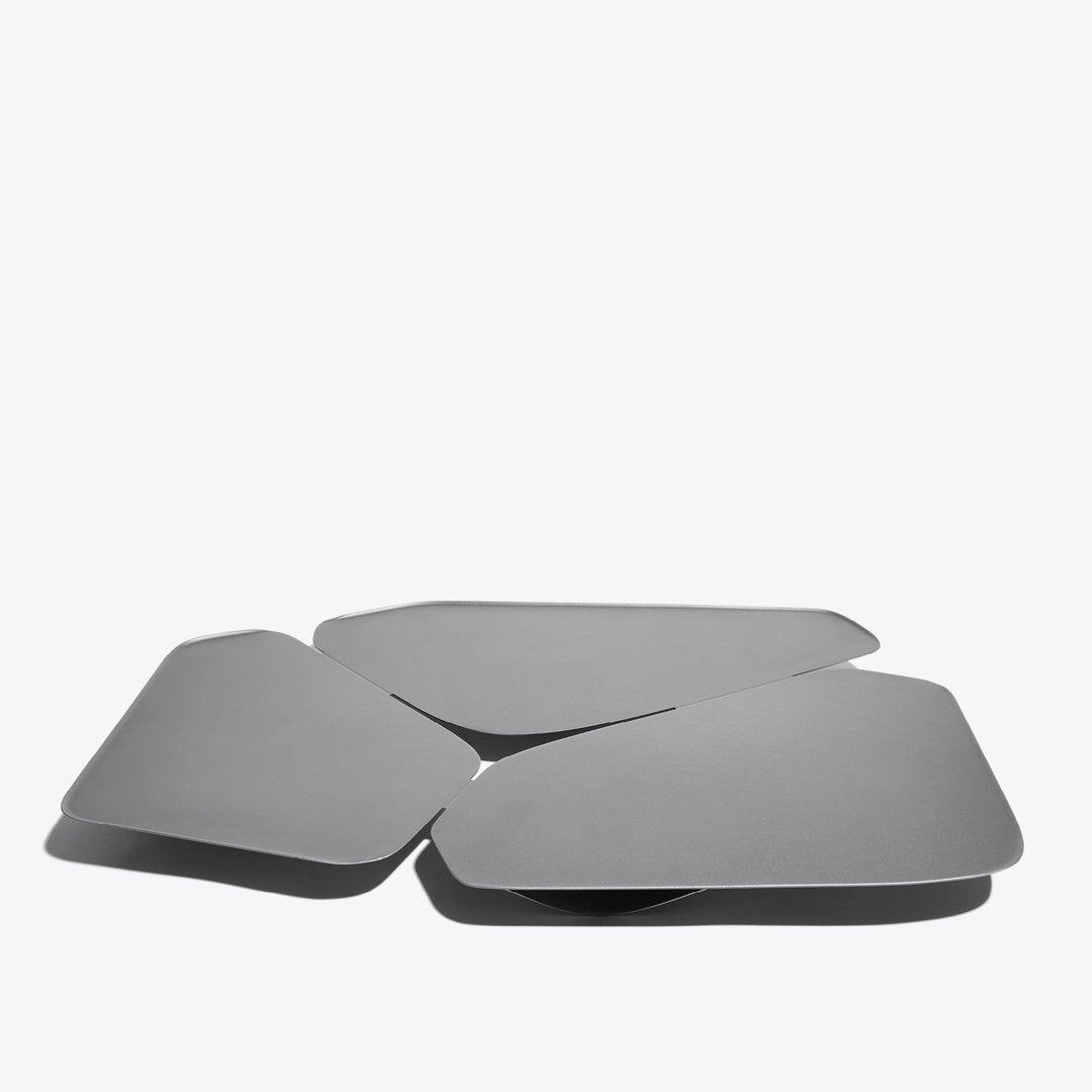 Hew Serving Tray — Silver three-part tray, top-down three-quarter view on white