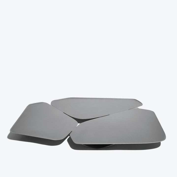 Hew Serving Tray — Silver three-part tray, top-down three-quarter view on white