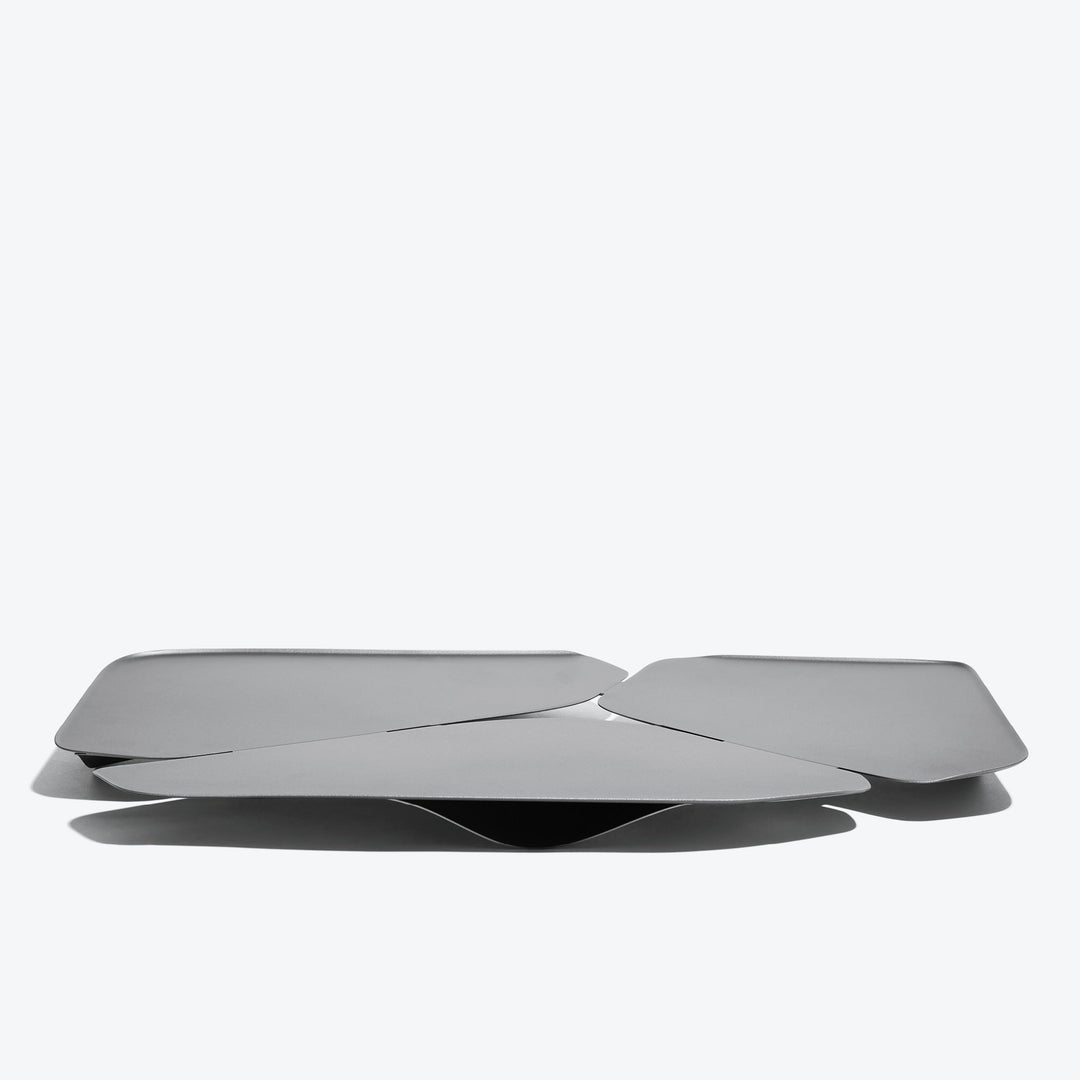 Hew Serving Tray — Silver tray, low side view showing the folded steel petals