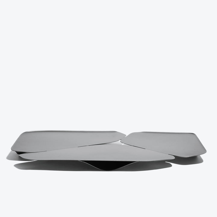 Hew Serving Tray — Silver tray, low side view showing the folded steel petals