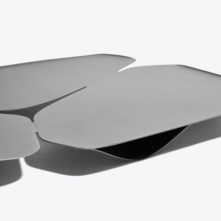 Hew Serving Tray — Silver tray, close-up of the folded seam and brushed finish