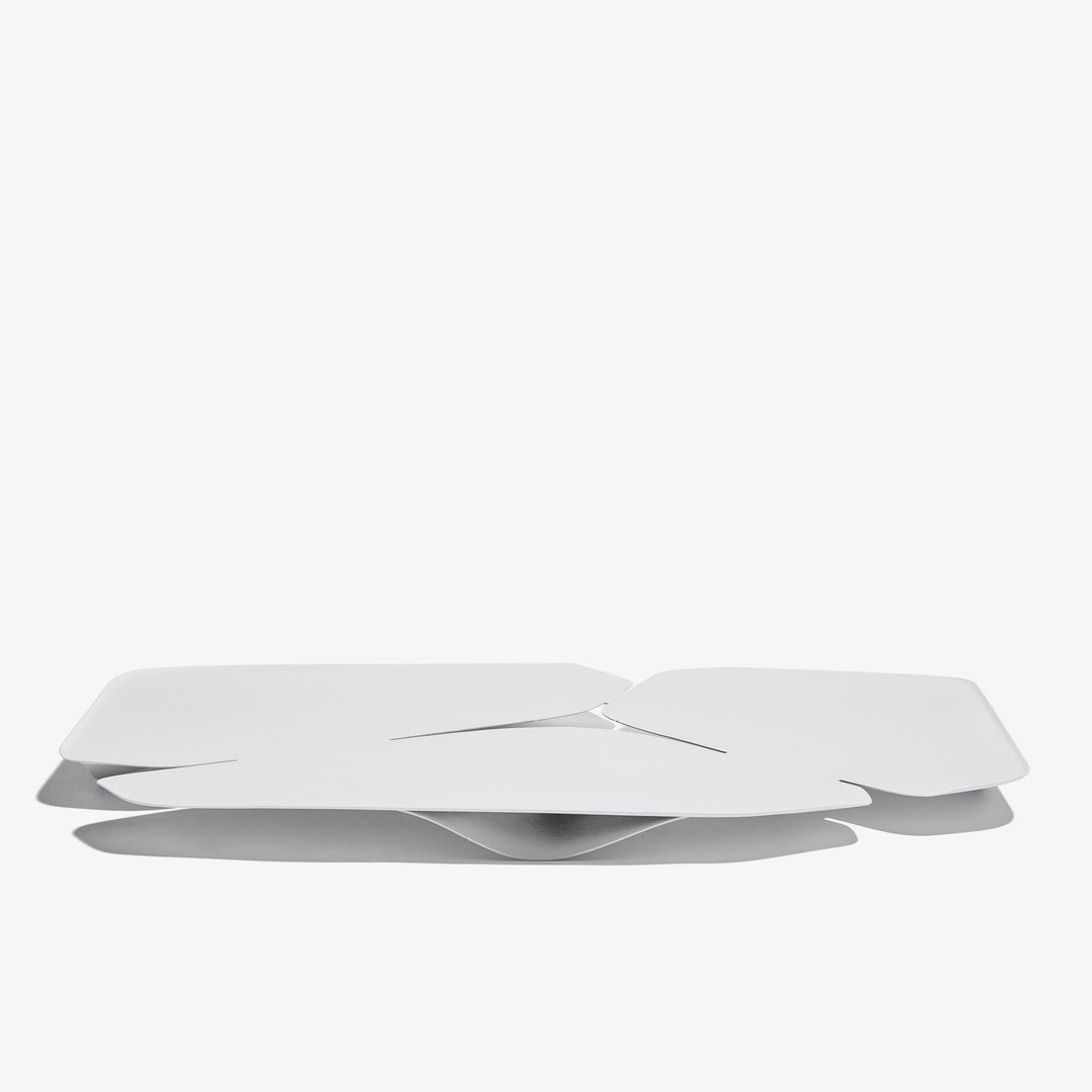Hew Serving Tray — White tray, low side view showing the folded steel petals