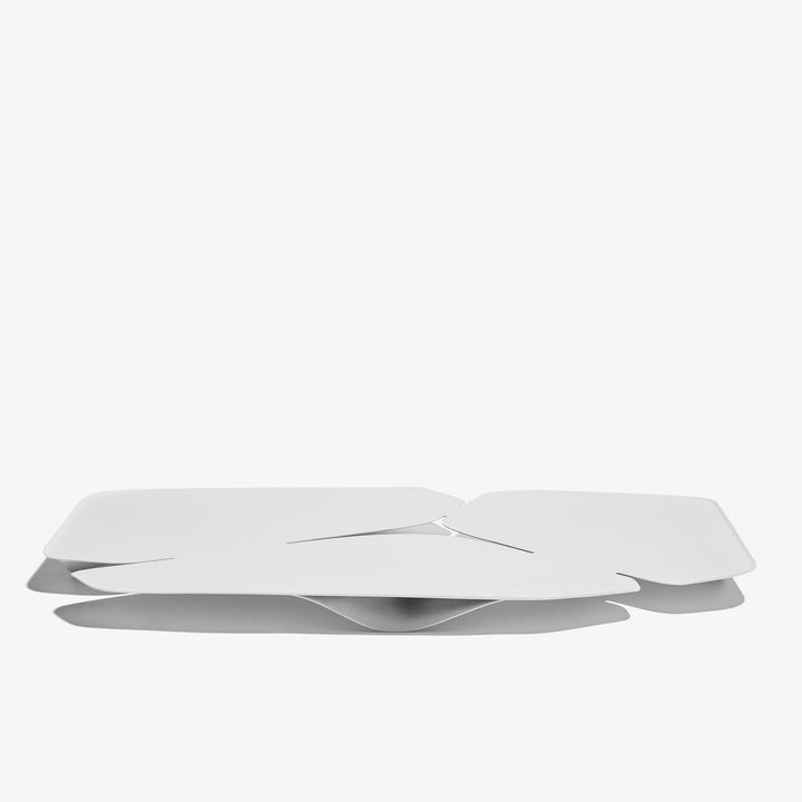 Hew Serving Tray — White tray, low side view showing the folded steel petals