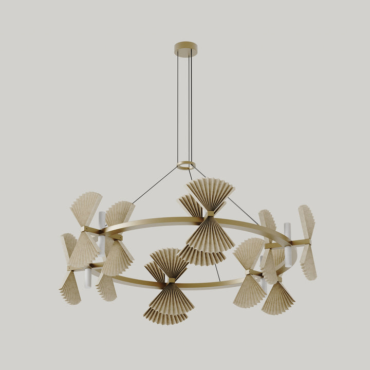 Hita Chandelier Chandelier in aged gold, a ring frame with pleated parchment paper fan shades, unlit, by Aromas del Campo