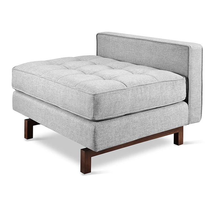 Gray tufted ottoman with walnut legs, modern designer home furnishing