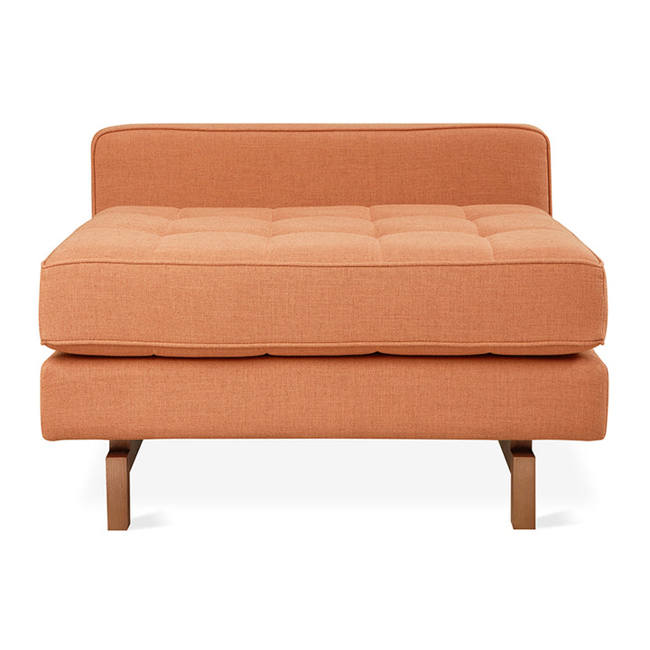 Terracotta tufted daybed with wooden legs, modern minimalist design