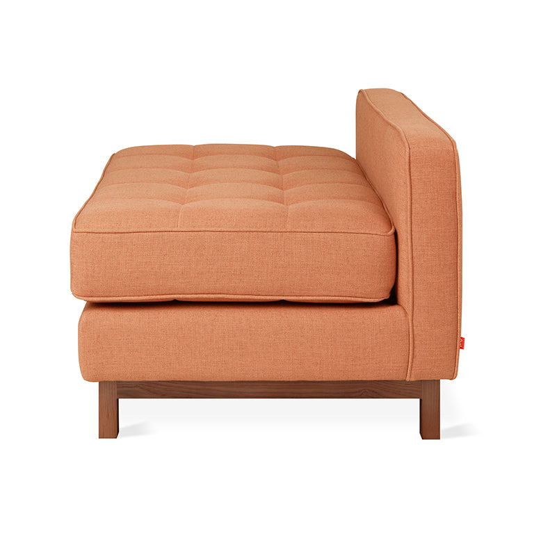 Tufted terracotta chaise with walnut base, designer modern lounge