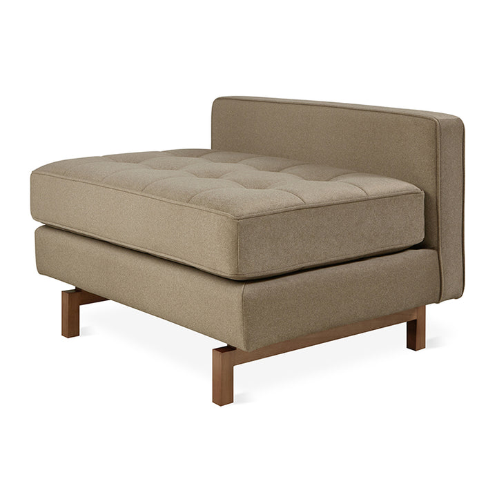 Tufted chaise lounge in neutral fabric with walnut wood legs, modern minimalist design