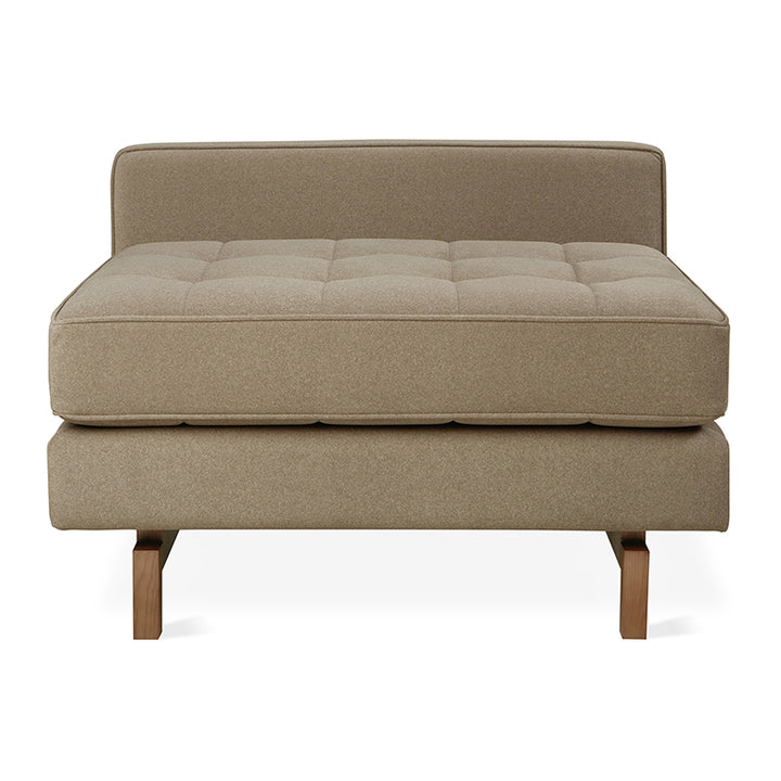 Tufted beige sofa with wooden legs, modern designer furnishing
