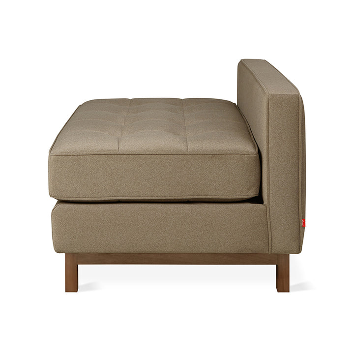 Tufted linen ottoman with walnut base, modern minimalist design