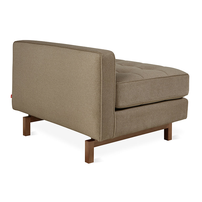Modern tufted chaise lounge in taupe fabric with walnut wood legs, minimalist design