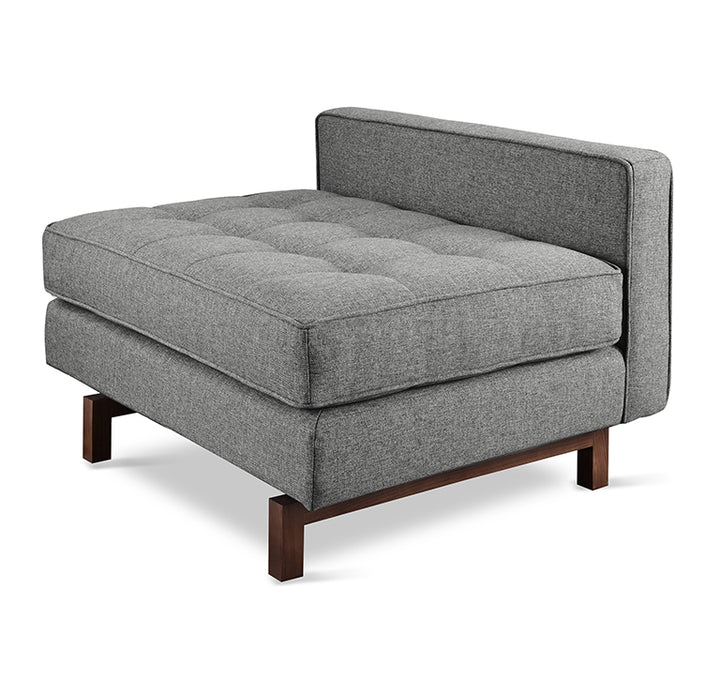Gray tufted ottoman with walnut legs, modern designer home furnishing