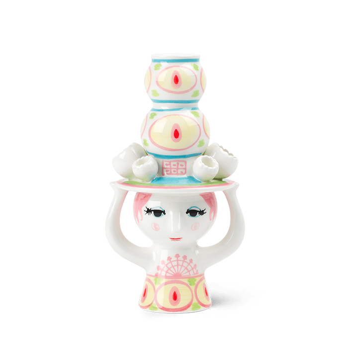 Bjørn Wiinblad Lady with Hat Candle Holder, Pink/Yellow, H: 6.3"