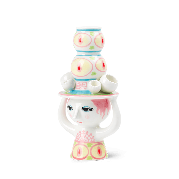 Bjørn Wiinblad Lady with Hat Candle Holder, Pink/Yellow, H: 6.3"