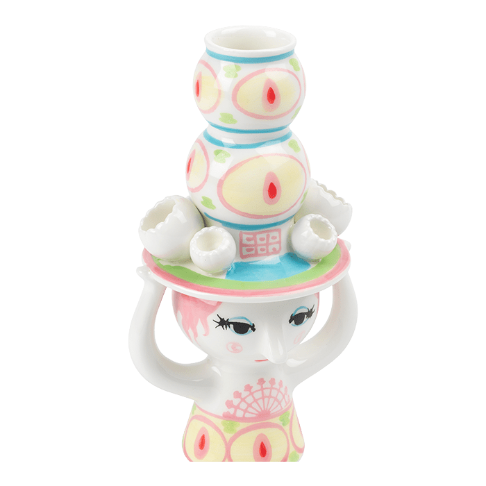 Bjørn Wiinblad Lady with Hat Candle Holder, Pink/Yellow, H: 6.3"