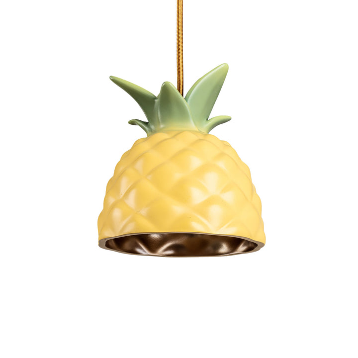 Seletti Vitamin Pineapple Pendant Lamp, yellow pineapple pendant with green crown leaves and gold interior