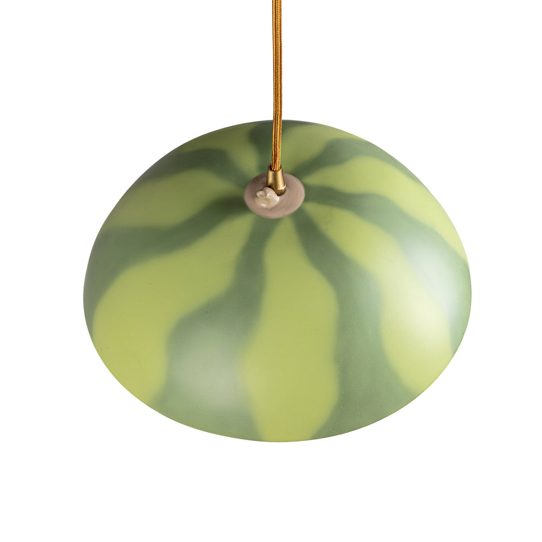 Seletti Vitamin Watermelon Pendant Lamp, the striped watermelon shade from below at an angle