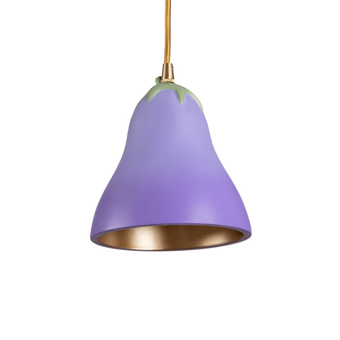 Seletti Vitamin Aubergine Pendant Lamp, purple aubergine pendant with green stem cap and gold-lined interior