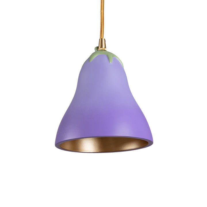 Seletti Vitamin Aubergine Pendant Lamp, purple aubergine pendant with green stem cap and gold-lined interior
