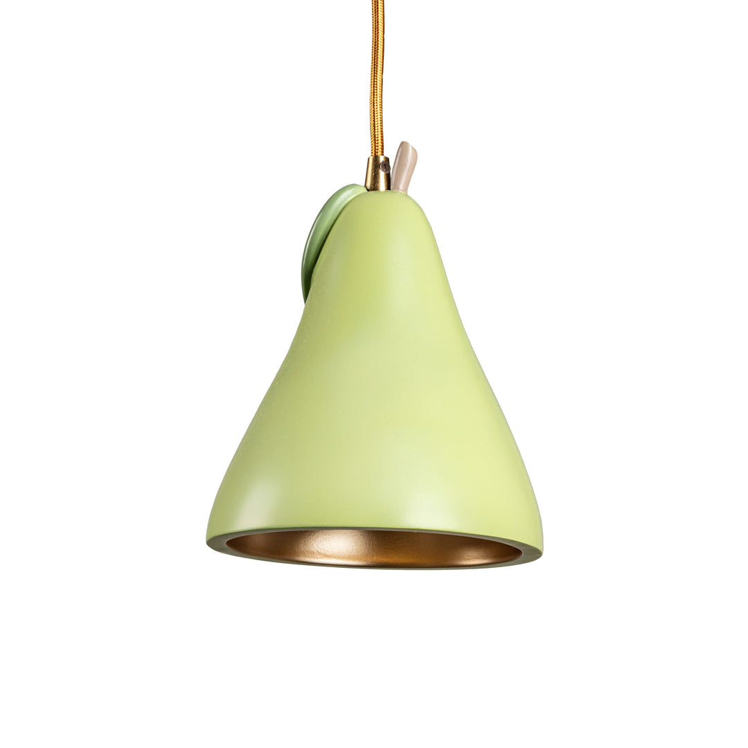 Seletti Vitamin Pear Pendant Lamp, pale green pear pendant with a leaf and stem, gold interior
