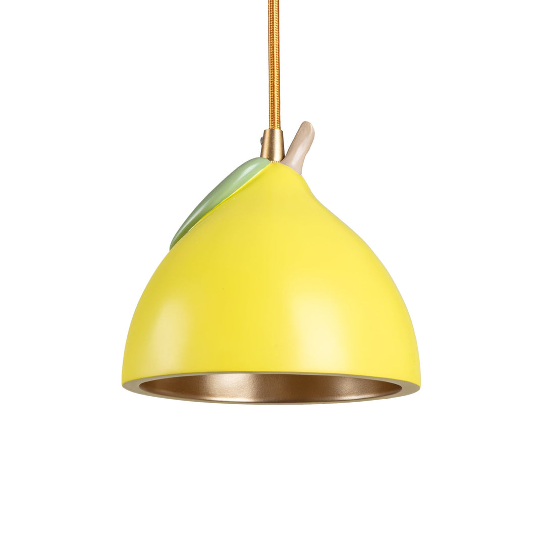 Seletti Vitamin Lemon Pendant Lamp, yellow lemon pendant with a green leaf and gold-lined interior