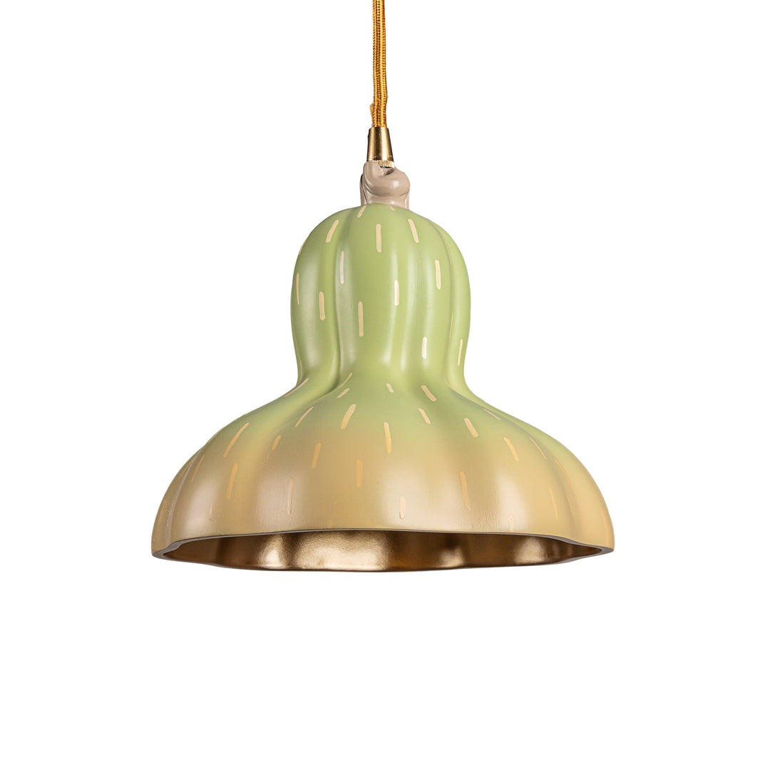 Seletti Vitamin Pumpkin 2 Pendant Lamp, green and tan gourd-shaped pendant with a gold interior