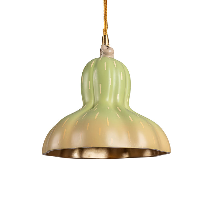 Seletti Vitamin Pumpkin 2 Pendant Lamp, green and tan gourd-shaped pendant with a gold interior