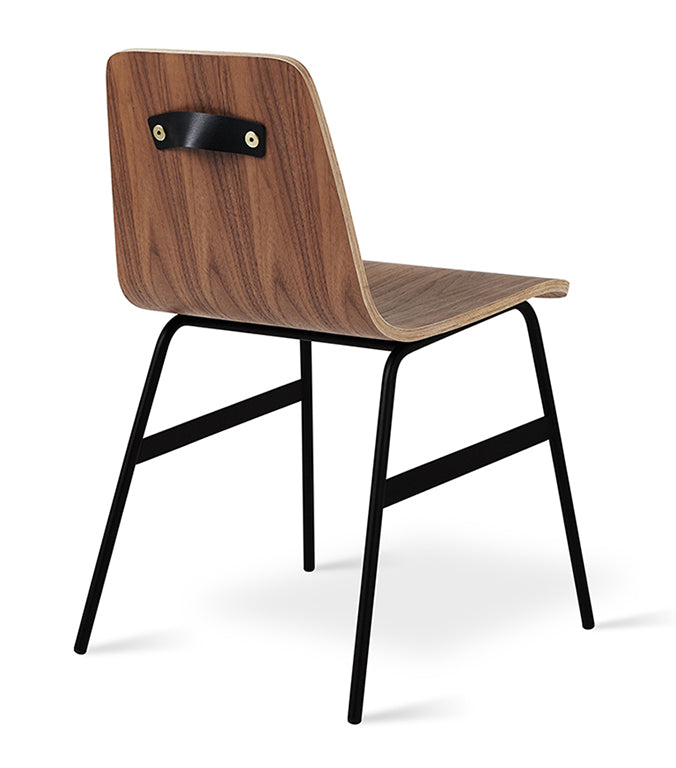 Walnut wood chair with black metal legs and leather accent