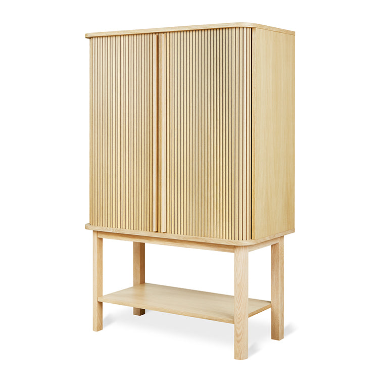 Light oak cabinet with fluted doors and open shelf base, minimalist designer furniture