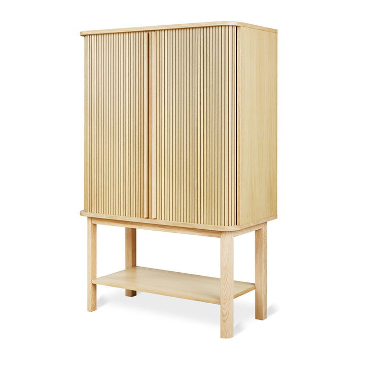 Light oak cabinet with fluted doors and open shelf base, minimalist designer furniture