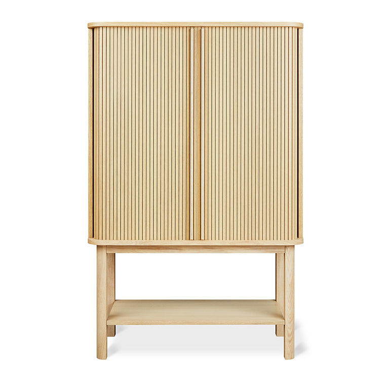 Solid oak cabinet with vertical slats and open shelf, minimalist designer furniture