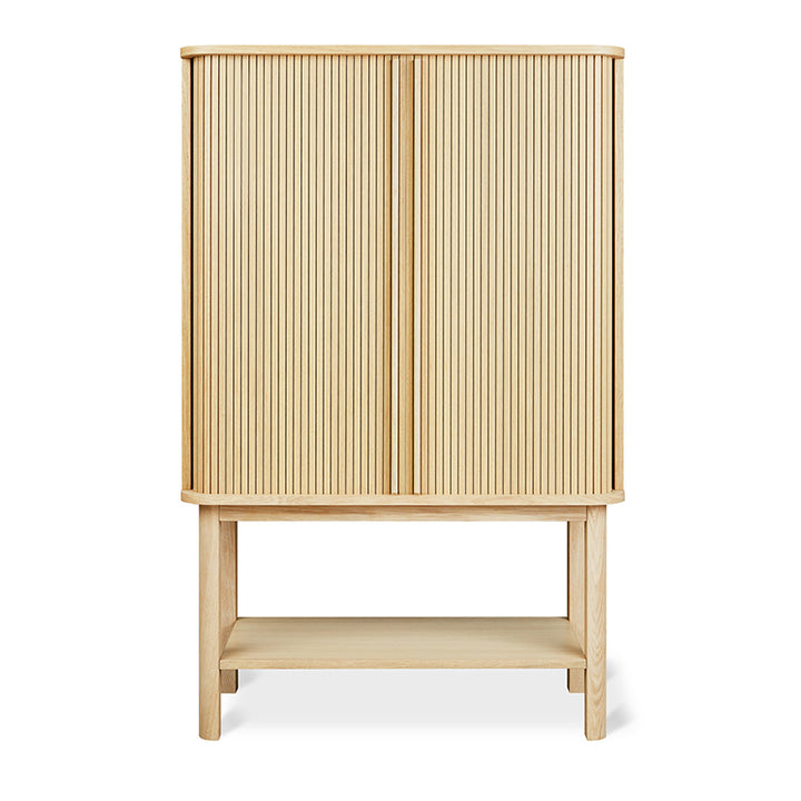 Solid oak cabinet with vertical slats and open shelf, minimalist designer furniture