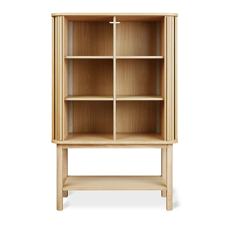 Elegant oak bookcase with vertical slats and minimalist design, perfect for modern home decor.