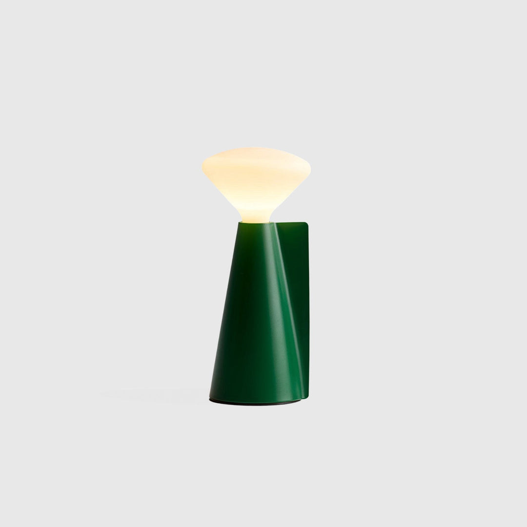 Emerald green table lamp with frosted glass shade, modern designer lighting