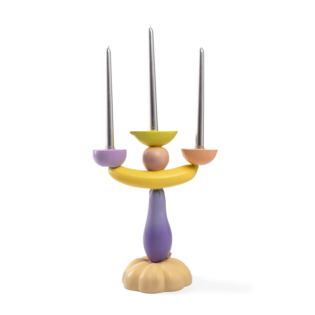 Seletti Vitamin Aubergine Candelabra, three-arm candelabra of aubergine, banana and fruit cups on a pumpkin base, with tapers