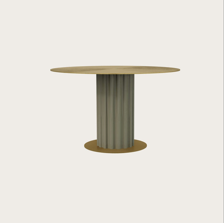 Round side table with ribbed cylindrical base on a light beige background