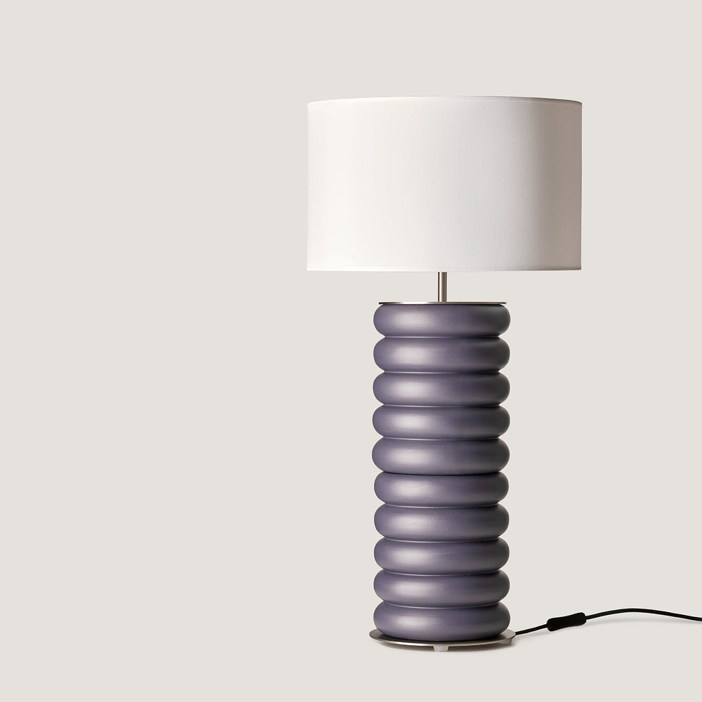 Onut Table Lamp, Double, with stacked ring ceramic base in slate grey and white drum shade, unlit, by Aromas del Campo