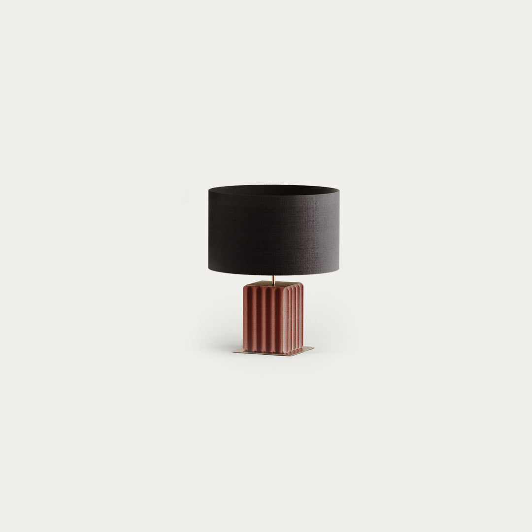 Pire Table Lamp Single with fluted terracotta ceramic block base and black drum shade, unlit, by Aromas del Campo