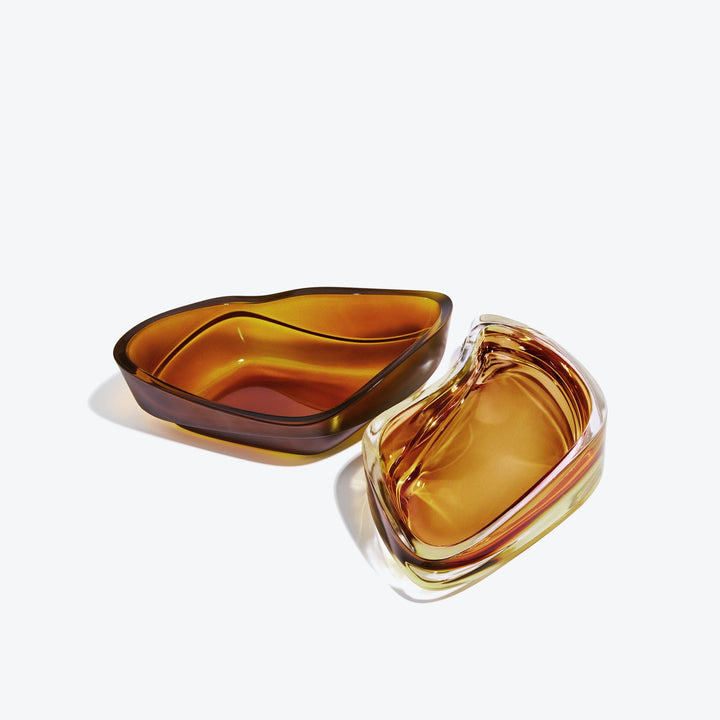 Plex Vessel, Set of 2 — Amber vessels open side by side, frosted bases and polished rims, top view