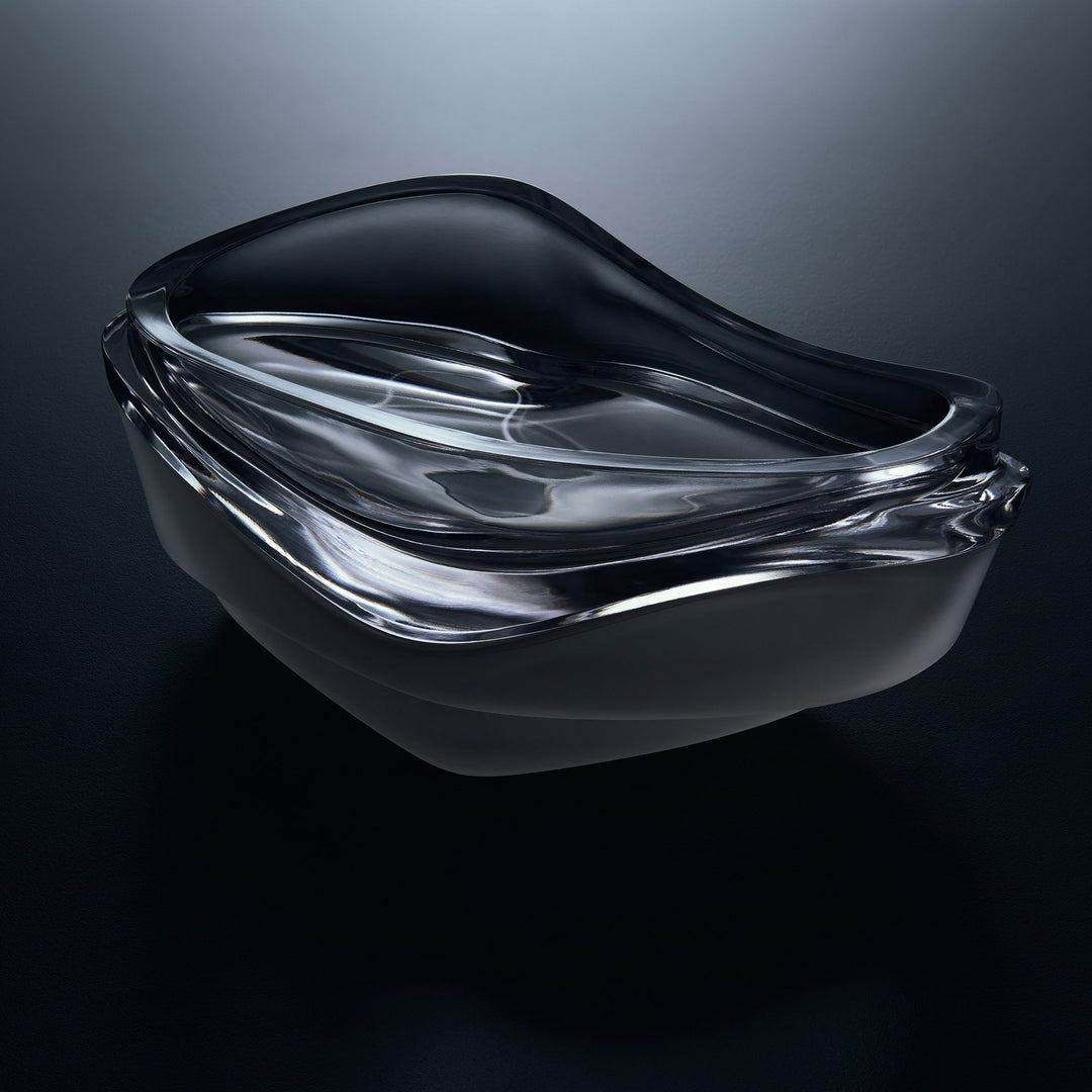 Plex Vessel, Set of 2 — Clear stacked vessels on a dark background, polished and frosted glass detail
